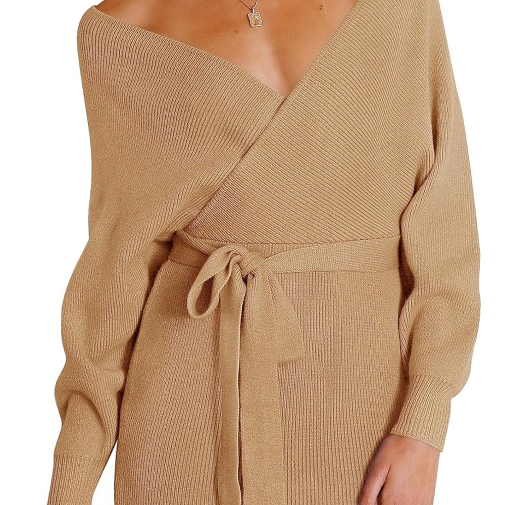 Tan Wrap Sweater Dress